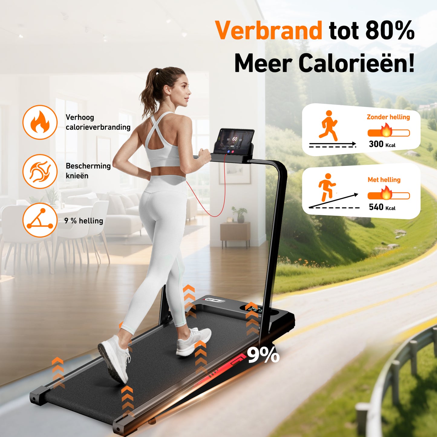 4-in-1 Opvouwbare Loopband met 9% Helling, Snelheid 1-8 kn/u