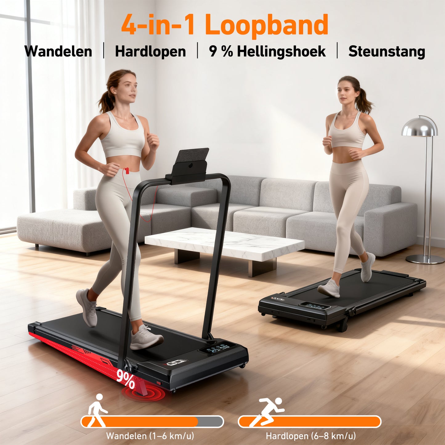 4-in-1 Opvouwbare Loopband met 9% Helling, Snelheid 1-8 kn/u